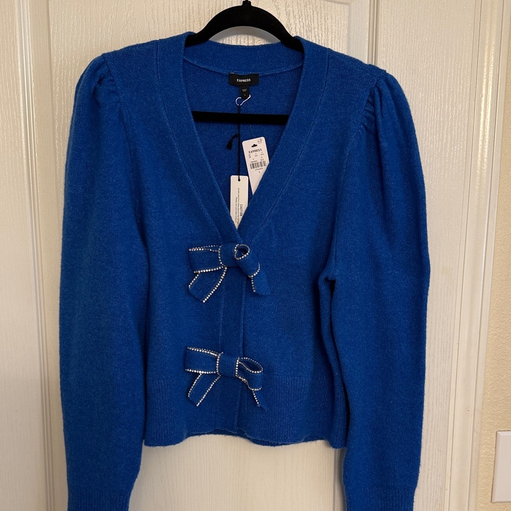 Express Blue Cardigan with Bow Accents